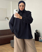 Oversized Long-Sleeve Polo Top - Black - front view