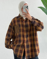 Oversized Plaid Button - Brown - front view