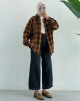 Oversized Plaid Button - Brown - front view