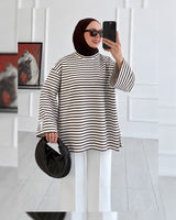 Oversized Striped Long Sleeve Top - Brown - front view
