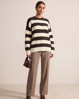 Oversized Wide Stripe Fuzzy Knit Sweater - Brown - front view