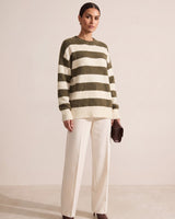 Oversized Wide Stripe Fuzzy Knit Sweater - Zeti - front view