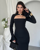 Perla Maxi Dress with Flared Sleeves - Black - front view