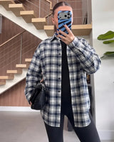 Plaid Oversized Flannel Shirt - Navy - front view