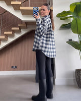 Plaid Oversized Flannel Shirt - Navy - three-quarter view