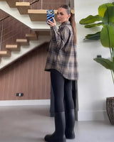 Plaid Oversized Flannel Shirt - Beige - three-quarter view