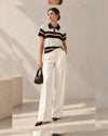 Short Sleeve Striped Knit Polo Top - Multi - three-quarter view