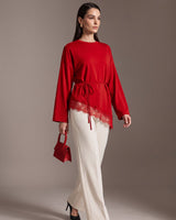 Soft Lace Asymmetric Top + Belt - Red - three-quarter view