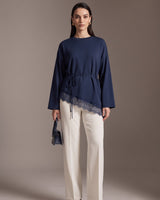 Soft Lace Asymmetric Top + Belt - Navy - front view
