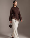 Soft Lace Asymmetric Top + Belt - Brown - three-quarter view