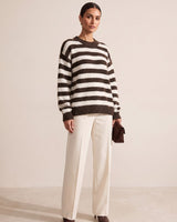 Striped Fuzzy Knit Sweater - Brown - front view