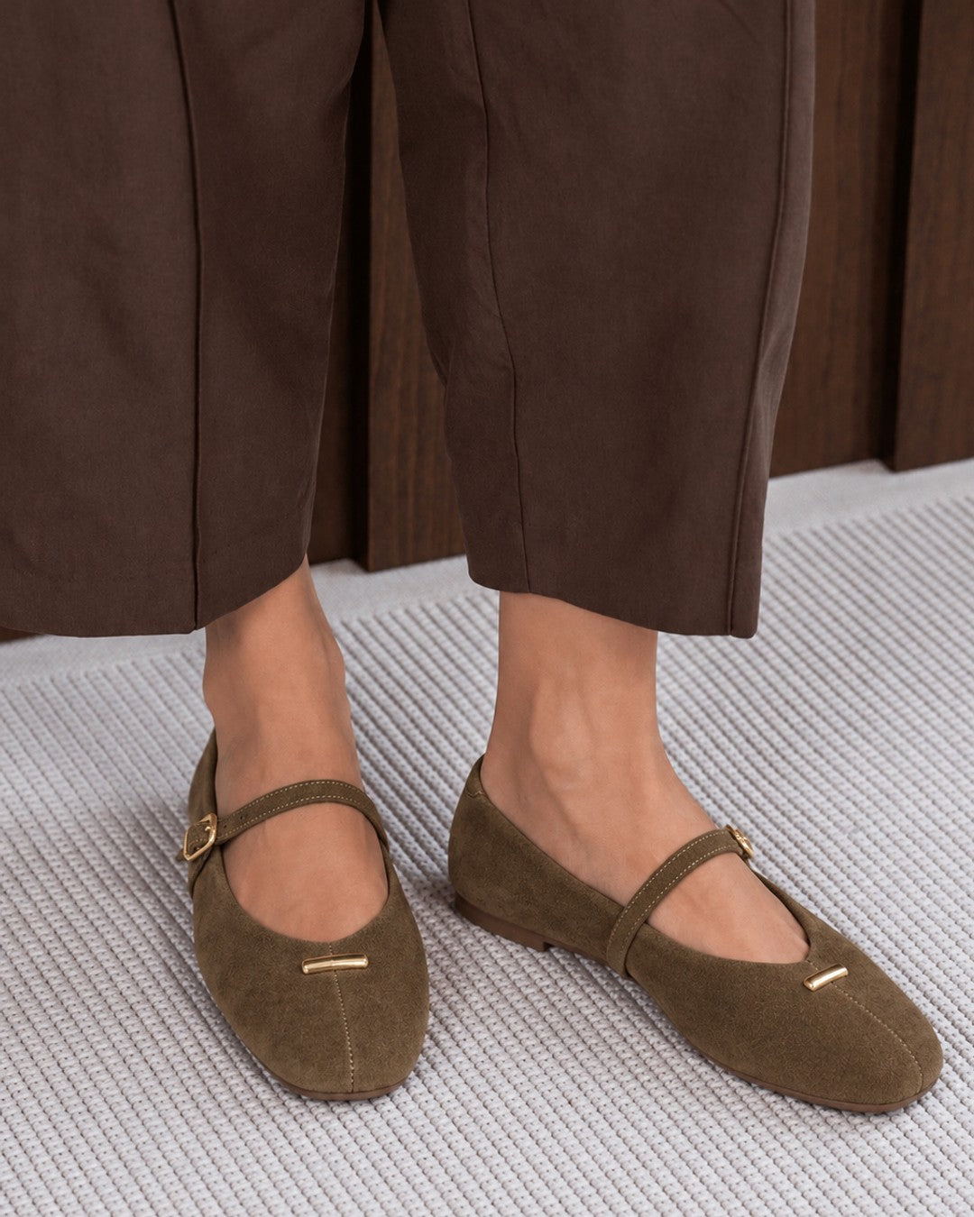 Suede Ballet Flats - Khaki - front view