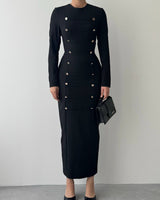 The Aurelle Gold-Button Maxi Dress - Black - front view