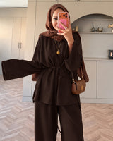 Two Piece Set + Belt - Brown - front view