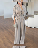 Two Piece Set + Belt - Beige - front view