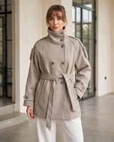 Vienna High-Neck Belted Coat + Belt - Beige - front view