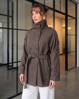 Vienna High-Neck Belted Coat + Belt - Brown - three-quarter view