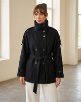 Vienna High-Neck Belted Coat + Belt - Black - front view