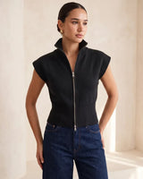 Zip-Front Knit Vest - Black - front view