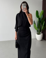 Asymmetric Draped Midi Dress