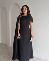 Beaded-Shoulder Cape Gown + Belt
