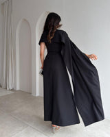 Beaded-Shoulder Cape Gown + Belt
