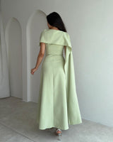 Beaded-Shoulder Cape Gown + Belt