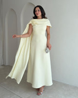 Beaded-Shoulder Cape Gown + Belt