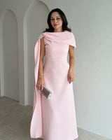 Beaded-Shoulder Cape Gown + Belt