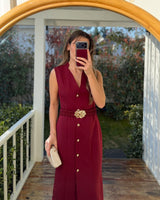 Burgundy Gold-Button Midi Dress + Belt