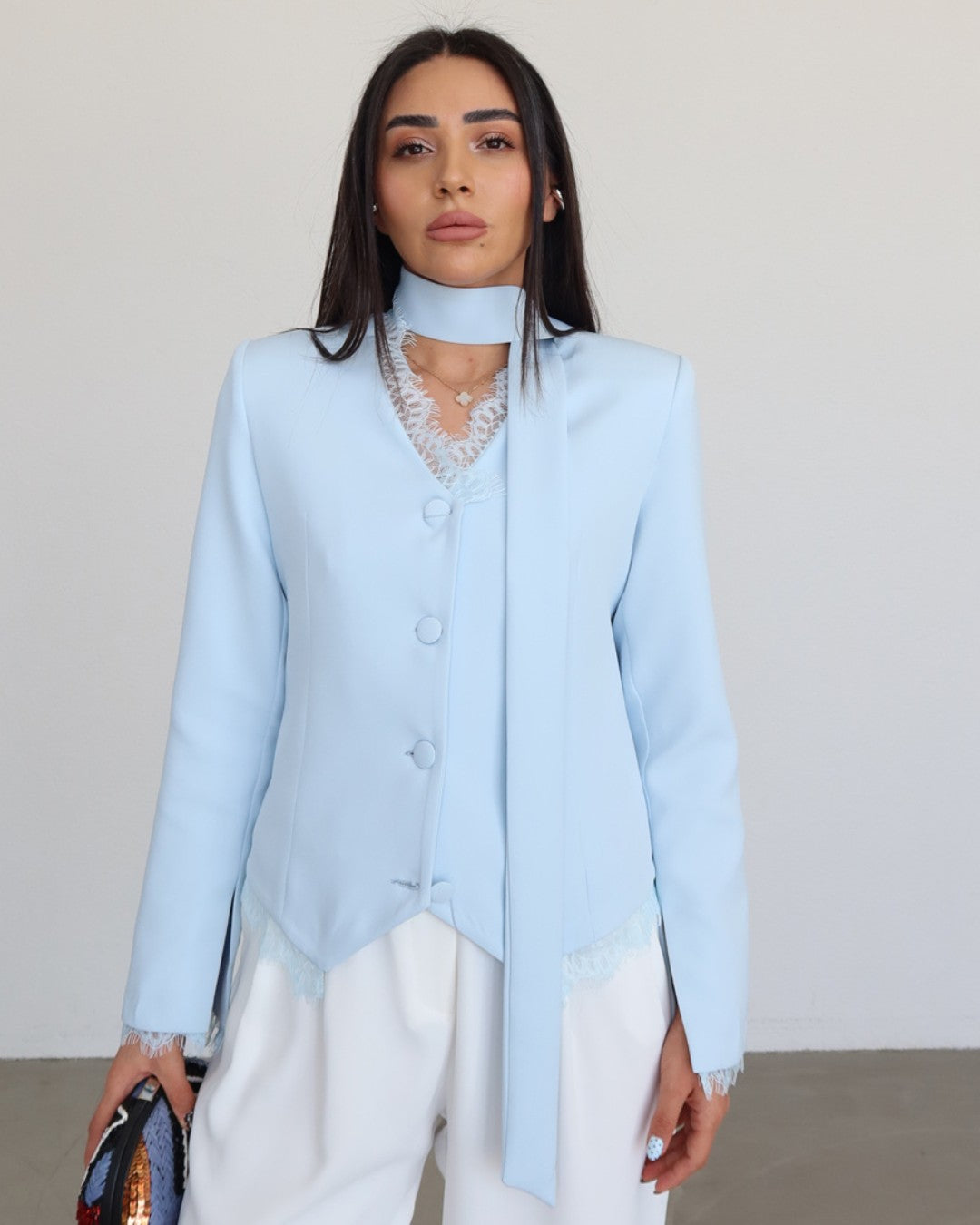 Lace Detail Structured Blazer + Belt