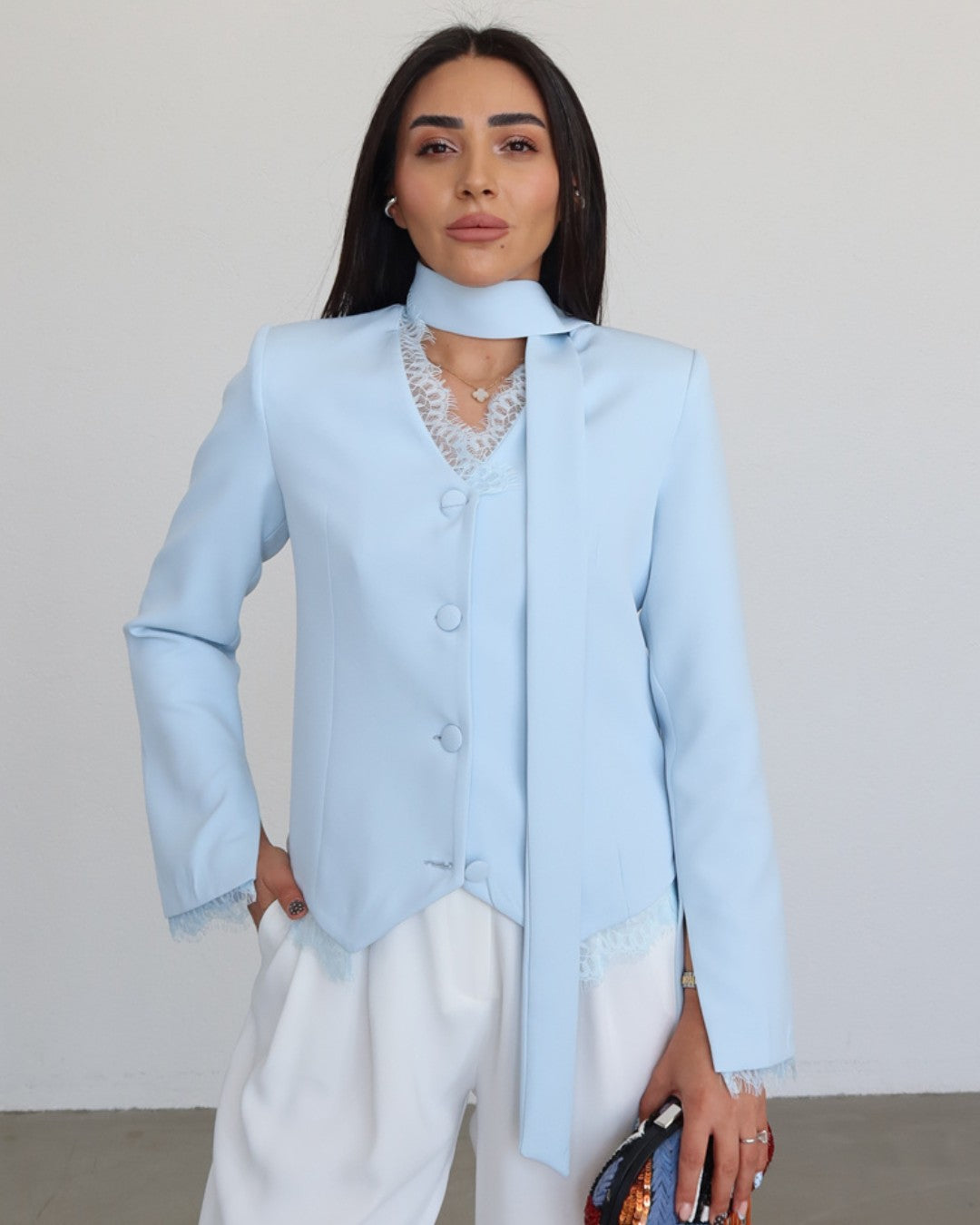 Lace Detail Structured Blazer + Belt