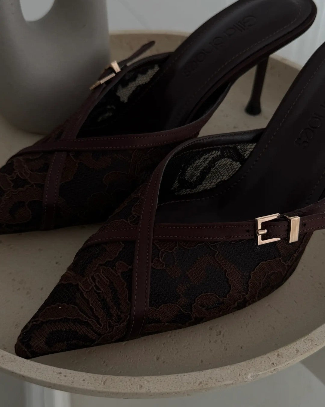 Lace Pointed Mule Heels