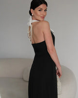 Pearl Detail Halter Dress