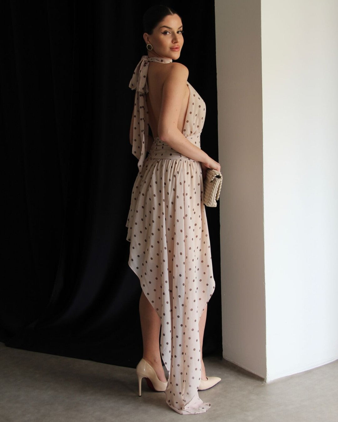 Polka Halter Drape Dress