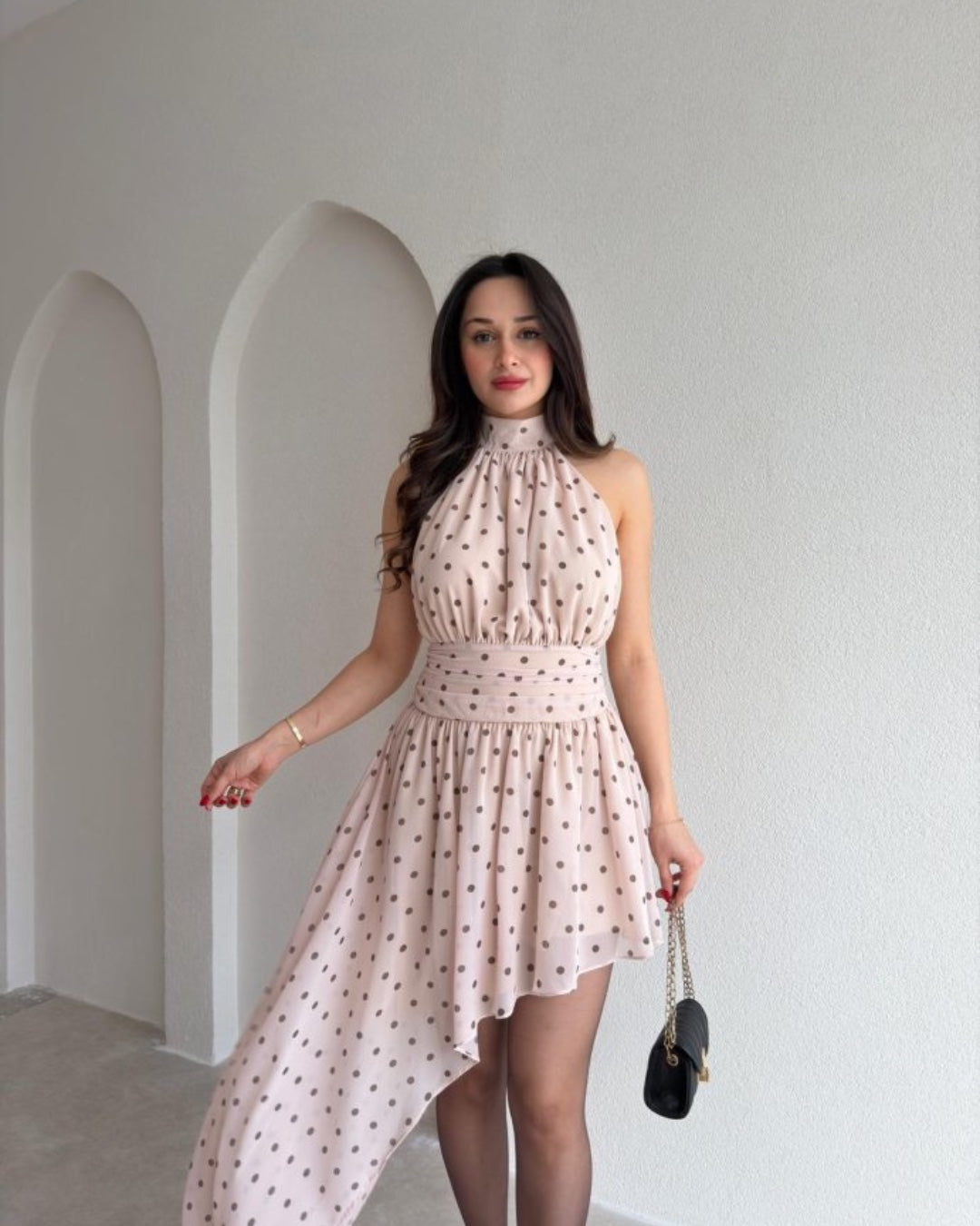 Polka Halter Drape Dress