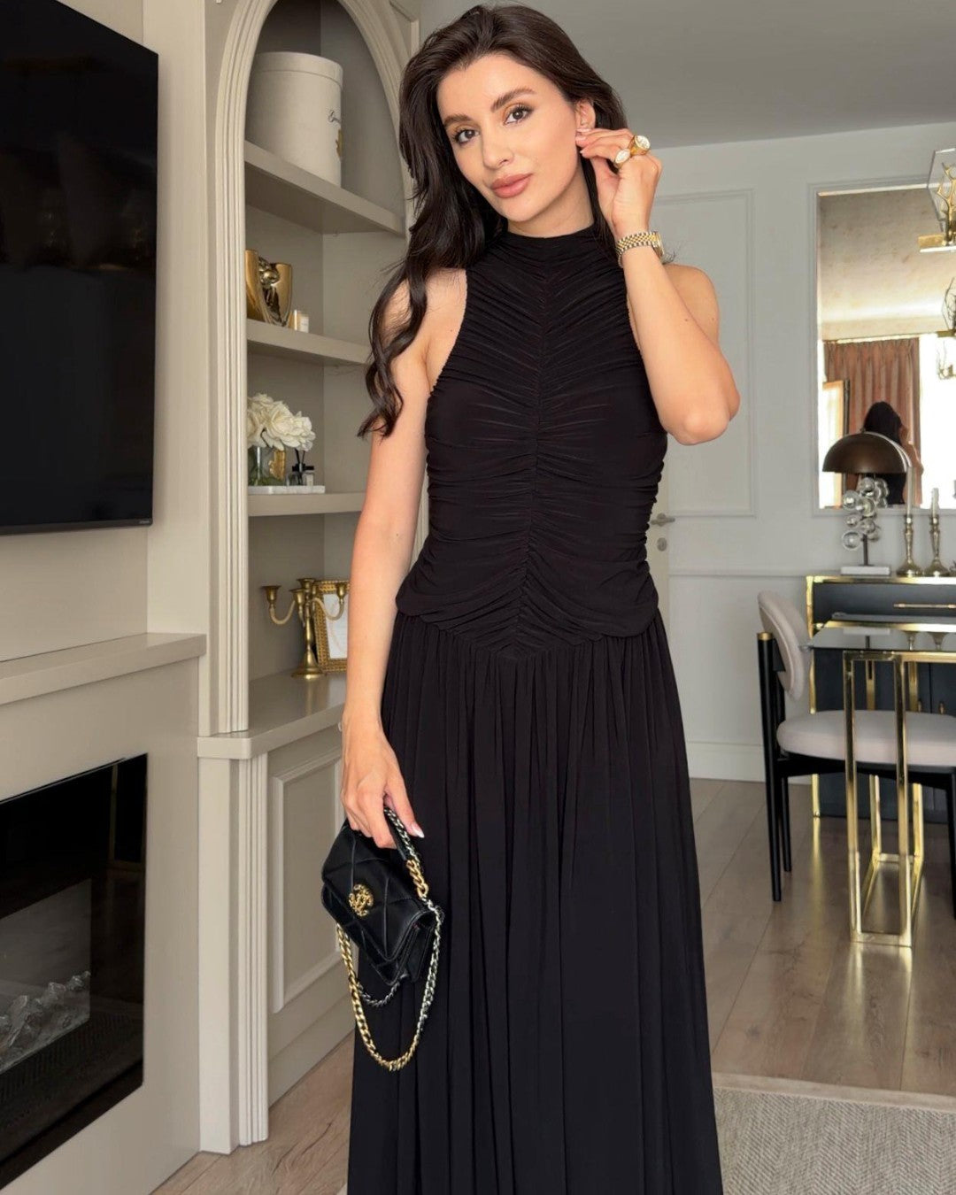 Ruched Drop-Waist Maxi Dress