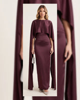 Satin Cape Evening Maxi Dress