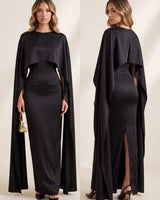 Satin Cape Evening Maxi Dress