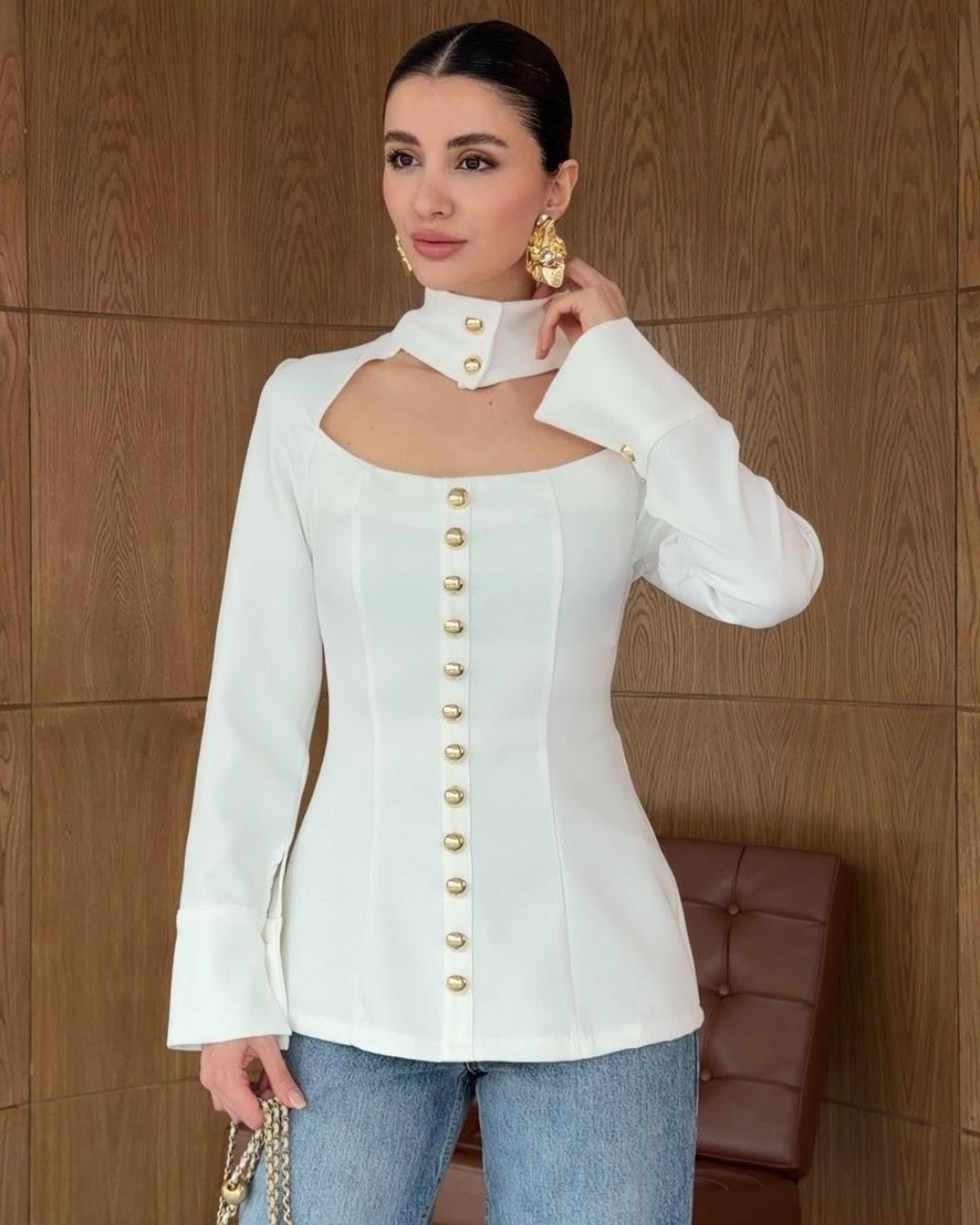 Statement Neckline Button Top