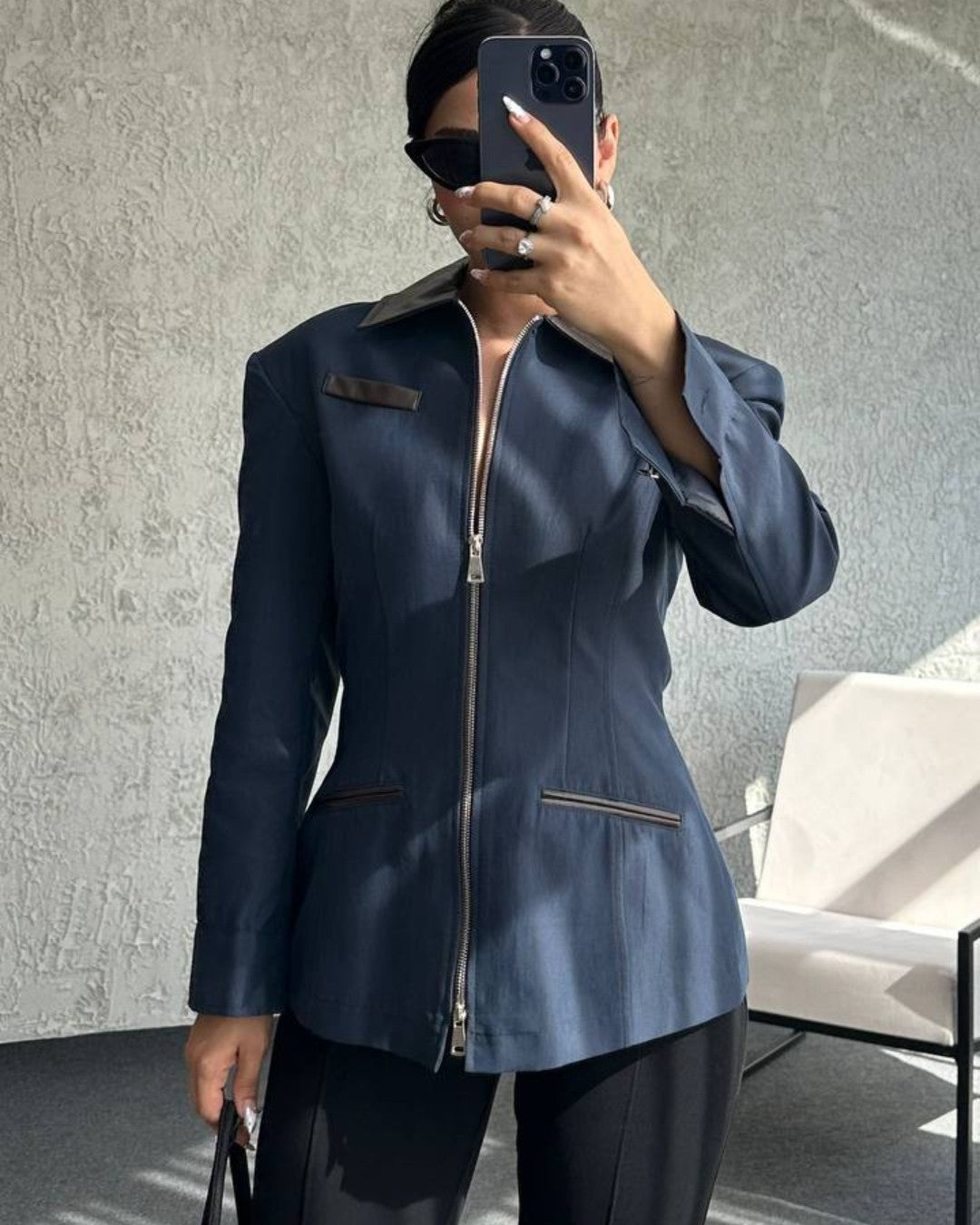 Two-Tone Collared Zip Jacket
